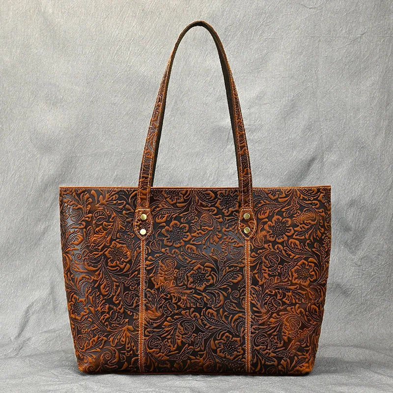 Vintage Floral Embossed Leather Tote