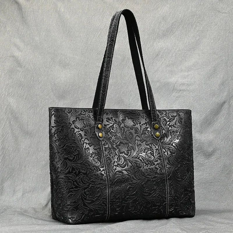 Vintage Floral Embossed Leather Tote